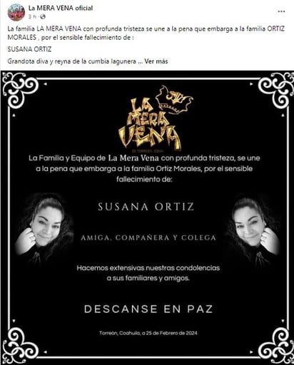 La familia de La Mera Vena con profunda tristeza se unió a la pena que embarga a la familia Ortiz Morales.