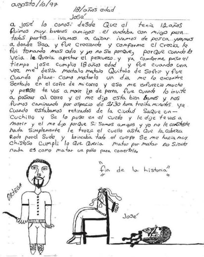 Dibujo y escrito en donde Gilberto Ortega Ortega relata sus crímenes.