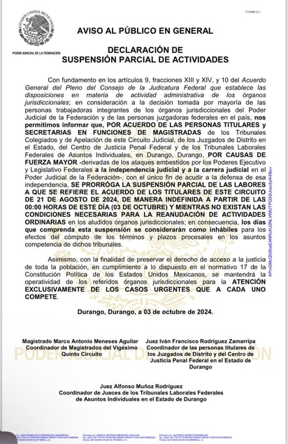 Seguirá el paro de labores en Durango de juzgados federales