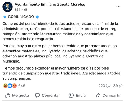 Comunicado oficial del Ayuntamiento de Zapata.