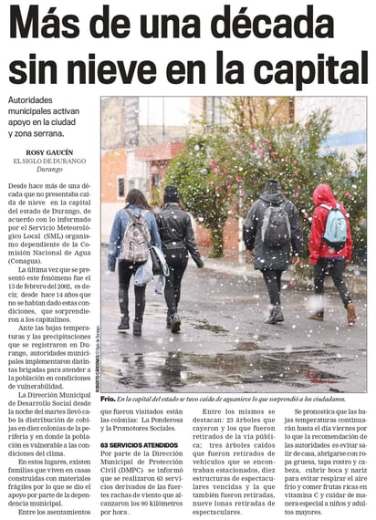 Nota de El Siglo de Durango sobre la nevada del 2016.