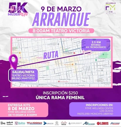 Kit. Todas las participantes contarán con un kit, el cual contiene playera, medalla, número, termo y buff.