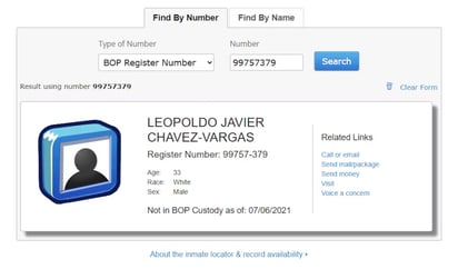 Captura del registro de Chávez Vargas en el BOP de los Estados Unidos.