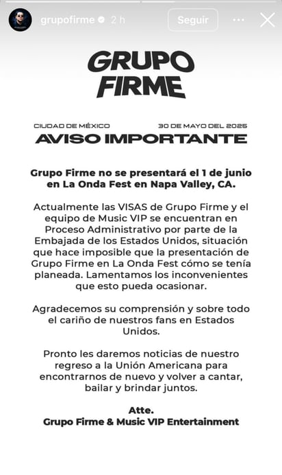 Grupo Firme cancela conciertos en EU; sus visas están en 'proceso administrativo'
