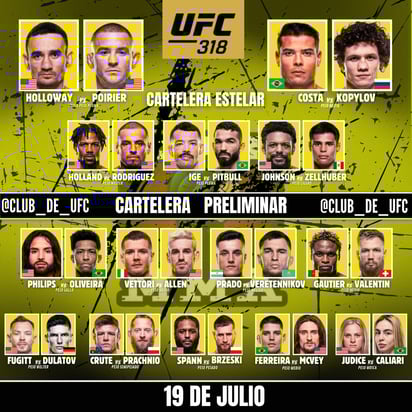 A momento de escribir este artículo, así se ve la espectacular cartelera de UFC 318.