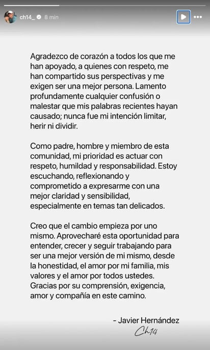 Estas son las disculpas hechas por 'Chicharito' Hernández. Destaca que esta fue realizada originalmente a través de una historia, no en una publicación oficial.