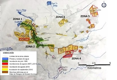 Manchas de las inundaciones más importantes ocurridas en Victoria de Durango durante el siglo XX y principios del XXI