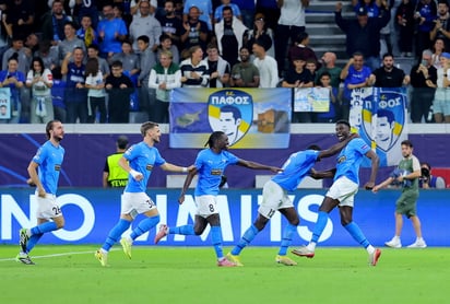 Así festejaron el tanto de la victoria los jugadores del Pafos FC, en lo que supuso ser su primer victoria en Champions League y la primer victoria internacional de un equipo chipriota ante un español.