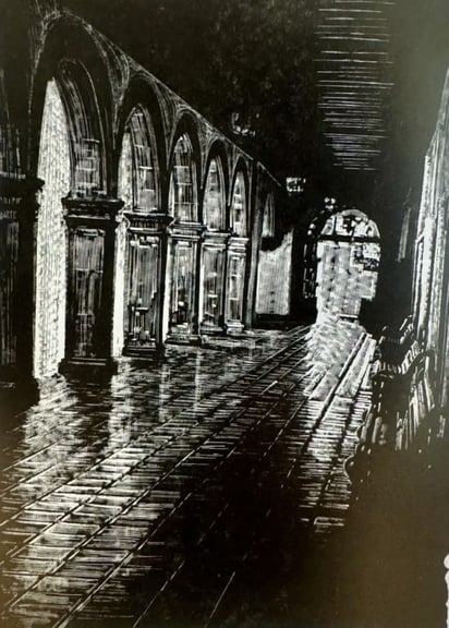 La exposición reúne una serie de trabajos impresos en relieve sobre placas de plexiglás, todos dedicados a la arquitectura de Durango.