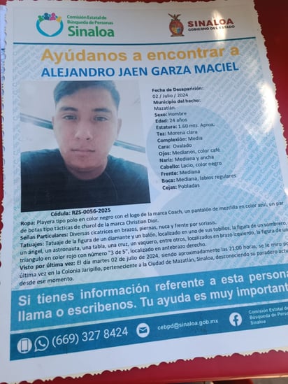 Ficha de Alejandro. Desapareció en Mazatlán; no hay ningún rastro de él ni de su vehículo.