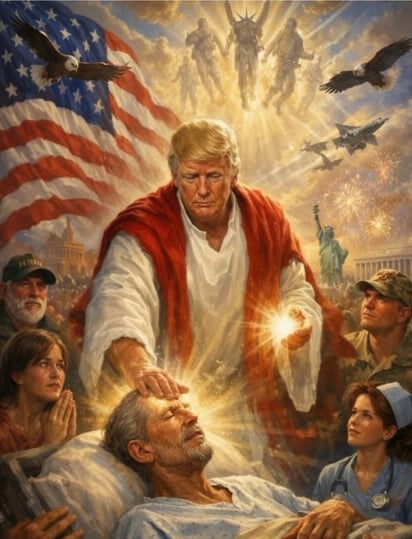 (Imagen generada por IA, en la que presume a Trump vestido con ropaje que recuerda a Jesucristo mientras cura a un enfermo, acompañado de simbología estadounidense. Redes Sociales)