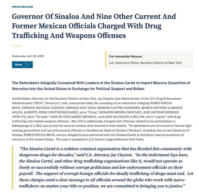 Documento emitido por el Departamento de Justicia de Estados Unidos.