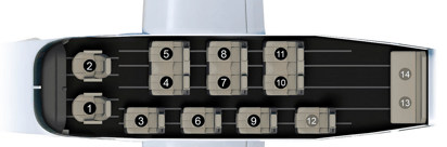 Distribución de asientos en una aeronave con capacidad de 14 ocupantes.
Foto: Cessna.