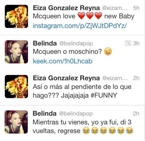 Las cantantes Belinda y Eiza Gonz&aacute;lez protagonizaron una supuesta &lsquo;pelea&rsquo; por medio de Twitter en la que se lanzaron indirectas y aumentaron la rivalidad entre sus seguidores.