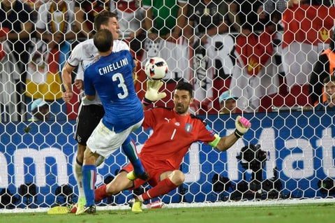 Mario Gomez en una fuerte entrada con Chiellini y Buffon.