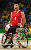 Ozgur Gurbulak of Turkey reacts during the men's Wheelchair Basketball preliminary round game between Spain and Turkey at the Rio 2016 Paralympic Games in Rio de Janeiro, Brazil, 10 September 2016.