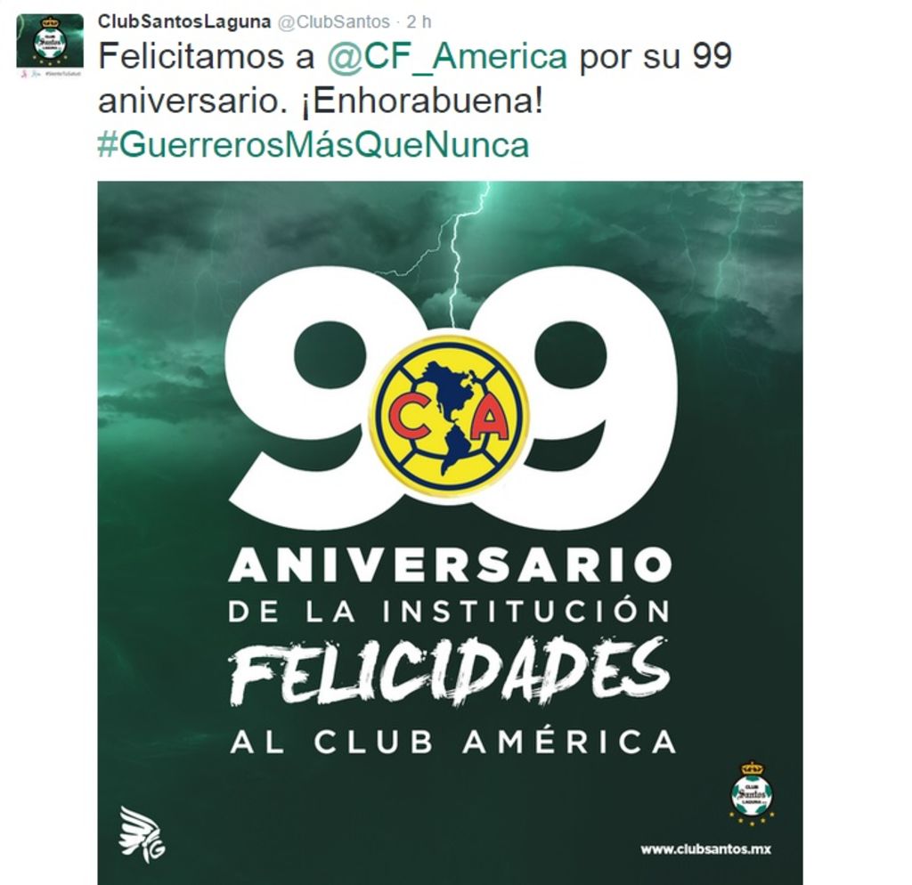 Santos Laguna felicita al América por sus 99 años