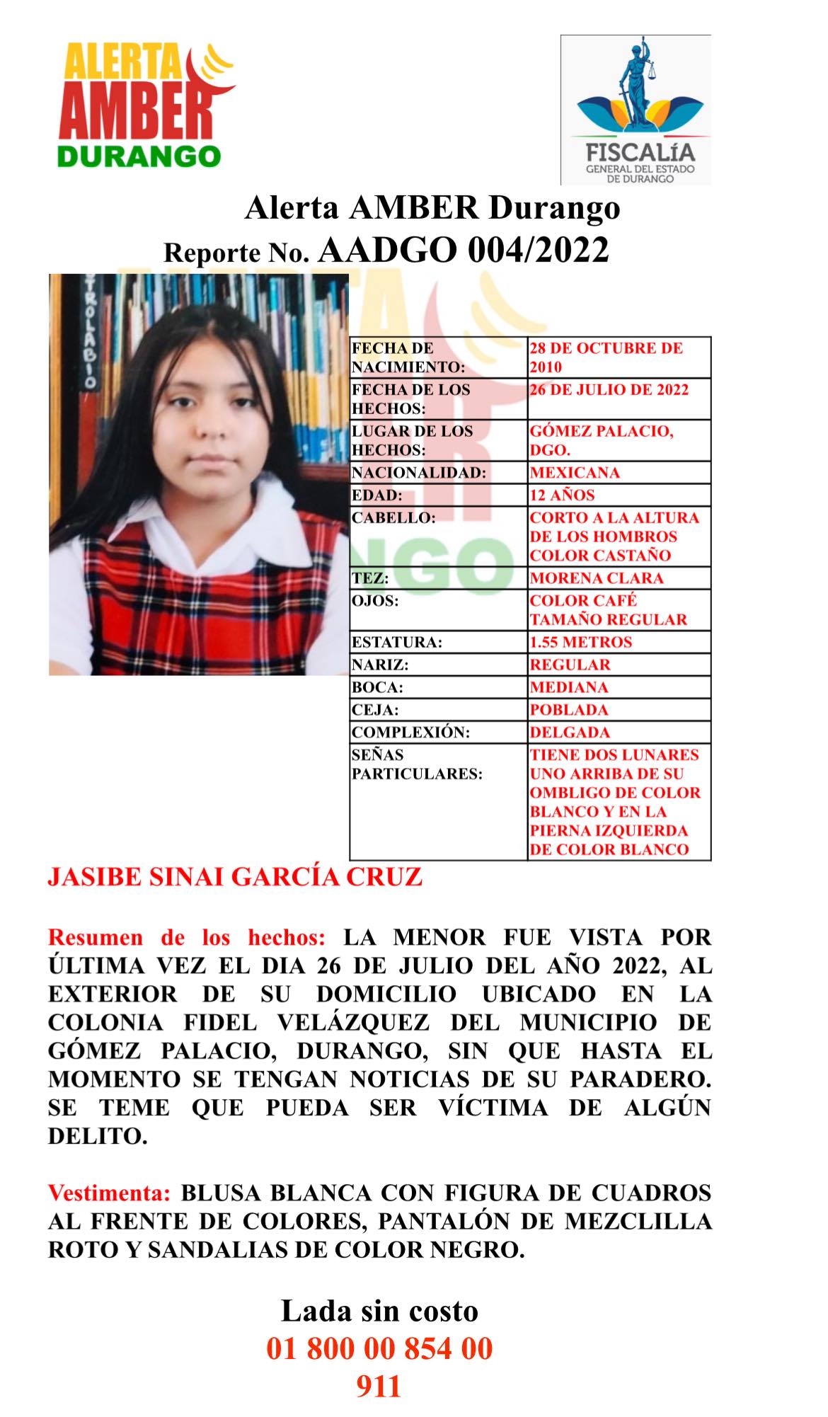 Activan Alerta Amber Por Menor De 11 Años De Edad Desaparecida En Gómez Palacio