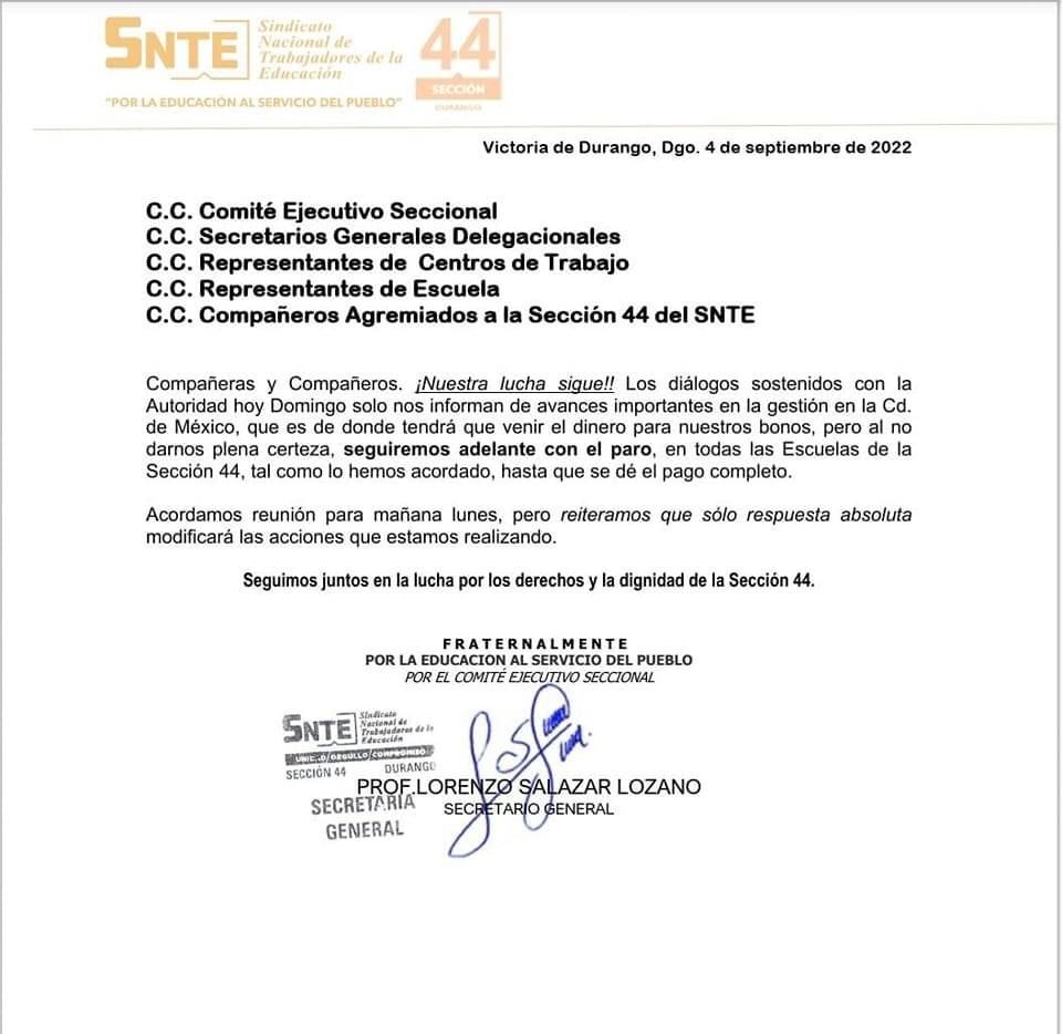 Continuará el paro de labores en escuelas de la Sección 44 este lunes