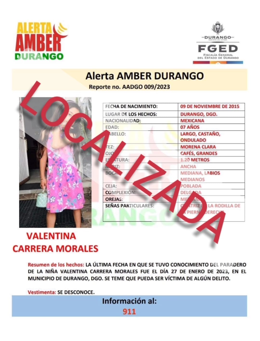 Activan Alerta Amber por desaparición de niña en Durango