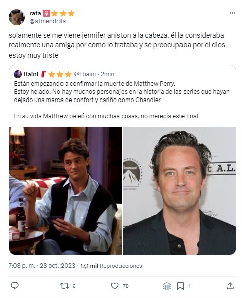 Famosos reaccionan a la muerte de Matthew Perry con estos mensajes