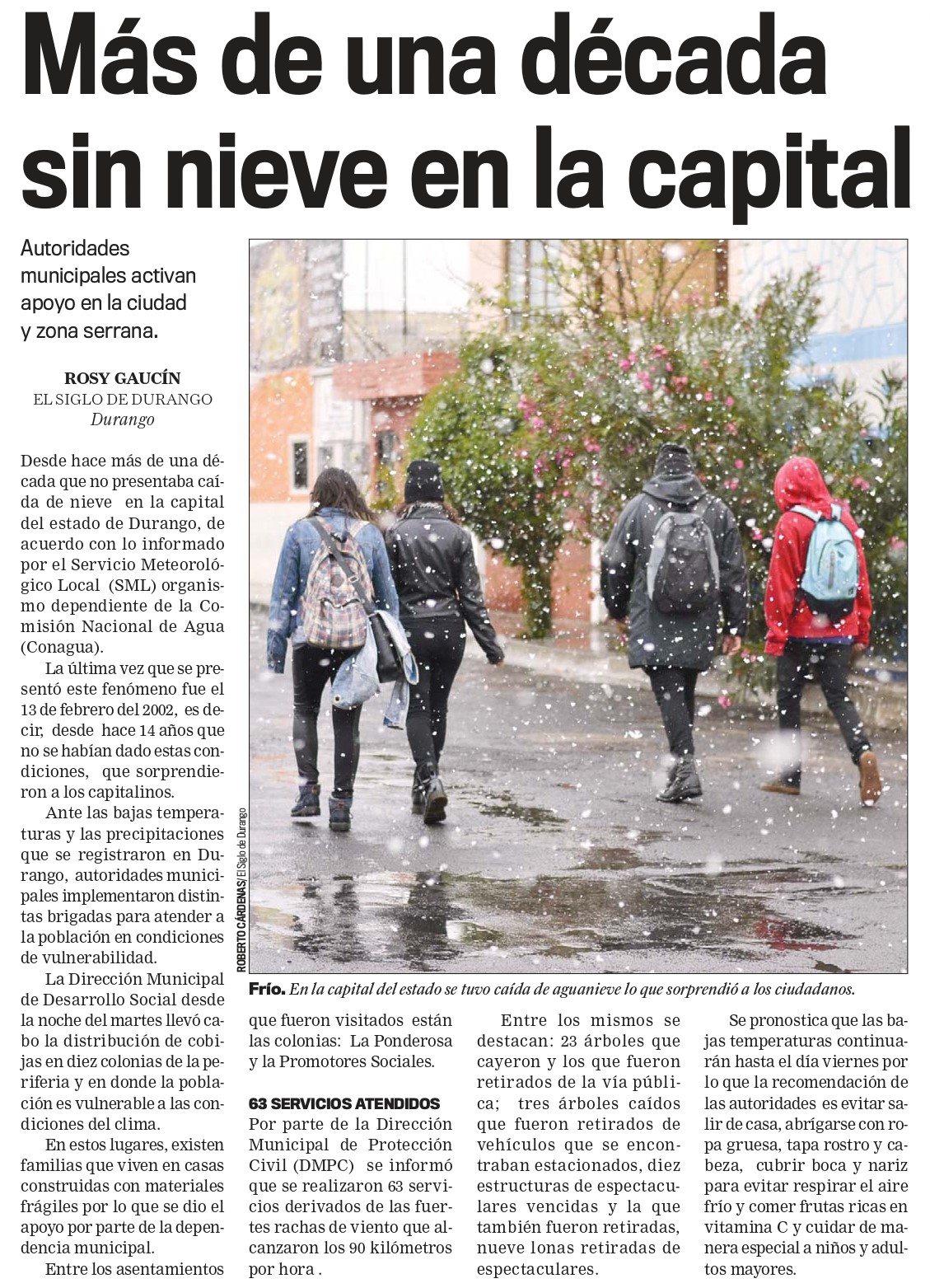 Nota de El Siglo de Durango sobre la nevada del 2016.