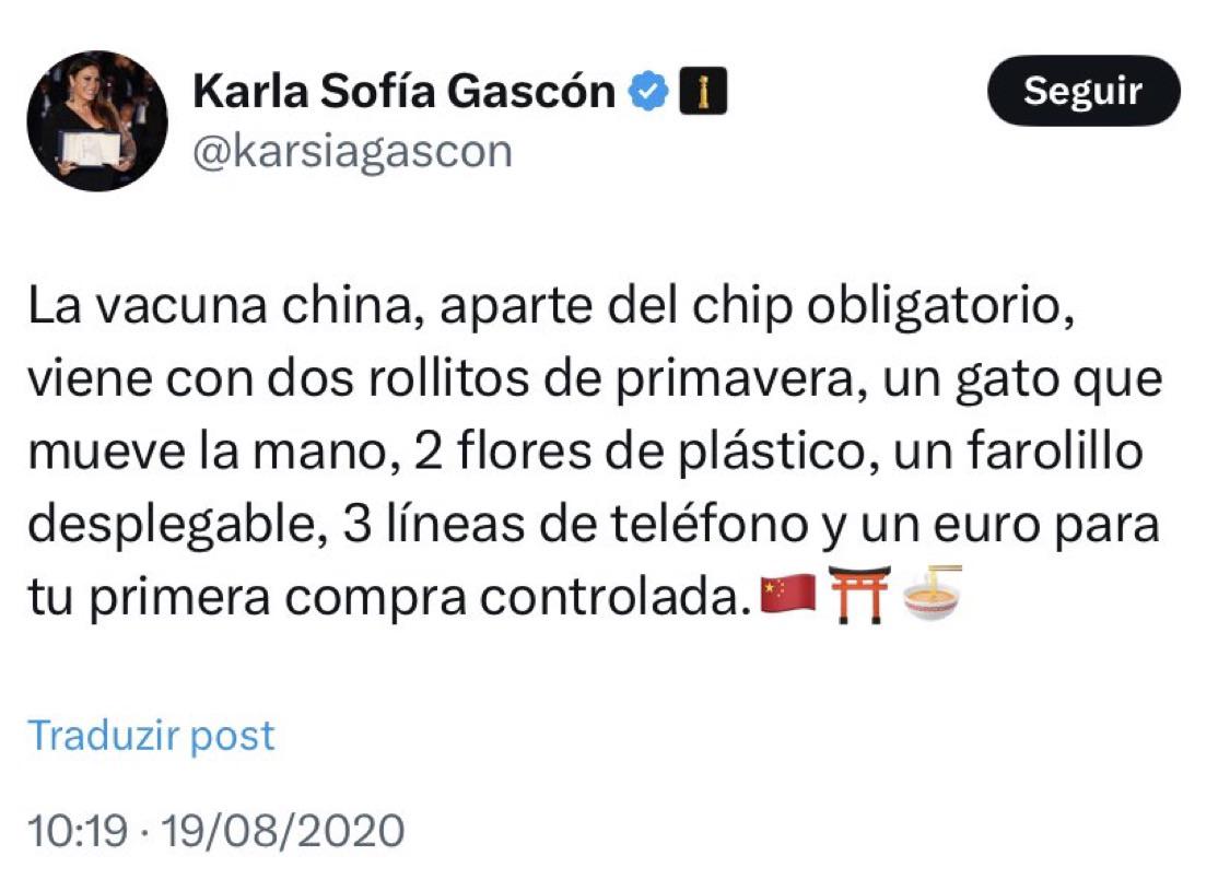 Uno de tweets publicados por Karla Sofía Gascón.