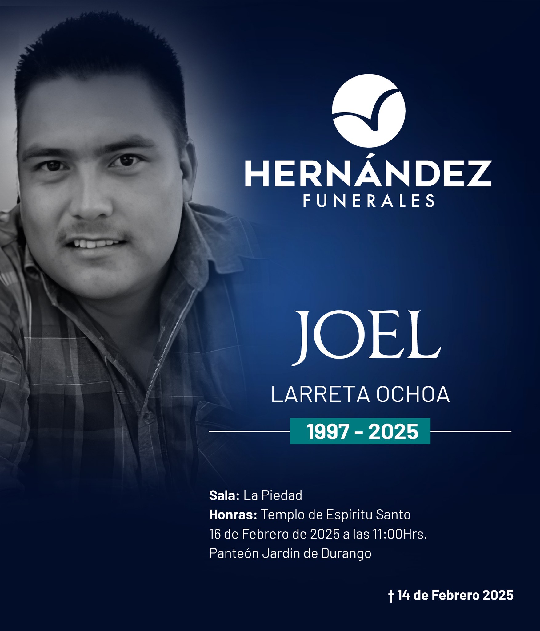 Joel Larreta Ochoa será despedido en Panteón Jardín.