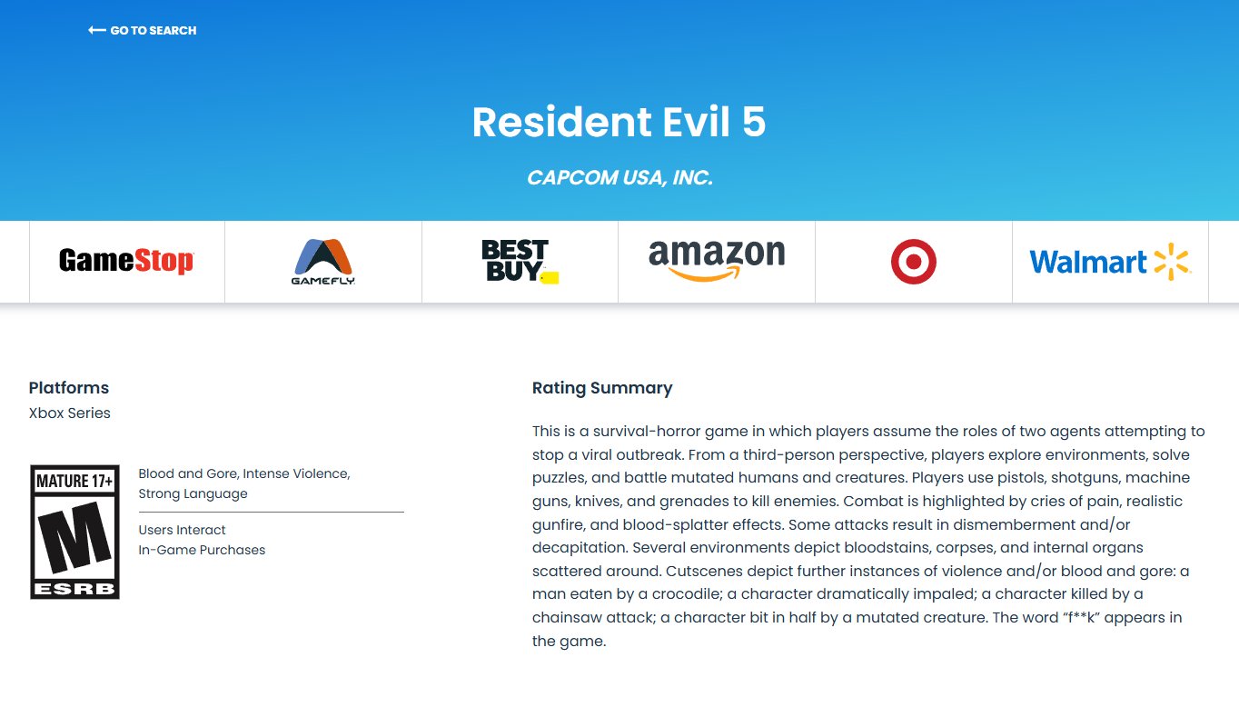 Así se ve la clasificación hecha por la ESRB en su página oficial.