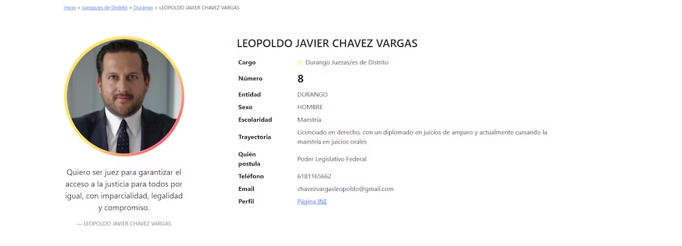 Así se ve actualmente el perfil de Chávez Vargas en el registro del INE, rumbo a las elecciones del primero de junio.