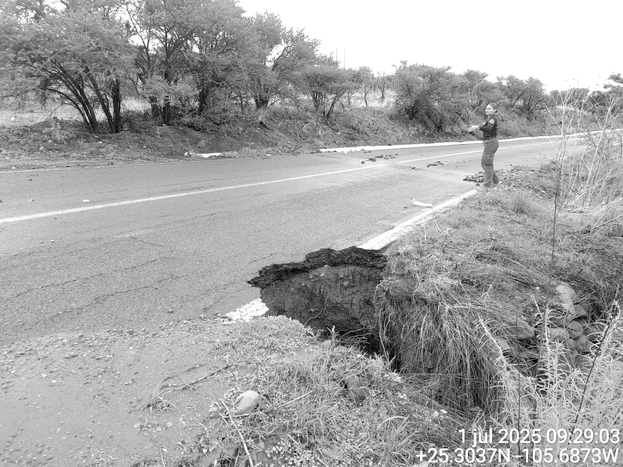 Socavón. Por las lluvias que se han registrado, también se reportó un socavón entre Santiago Papasquiaro y Tepehuanes.
