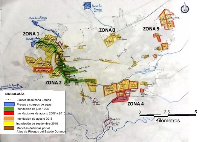 Manchas de las inundaciones más importantes ocurridas en Victoria de Durango durante el siglo XX y principios del XXI